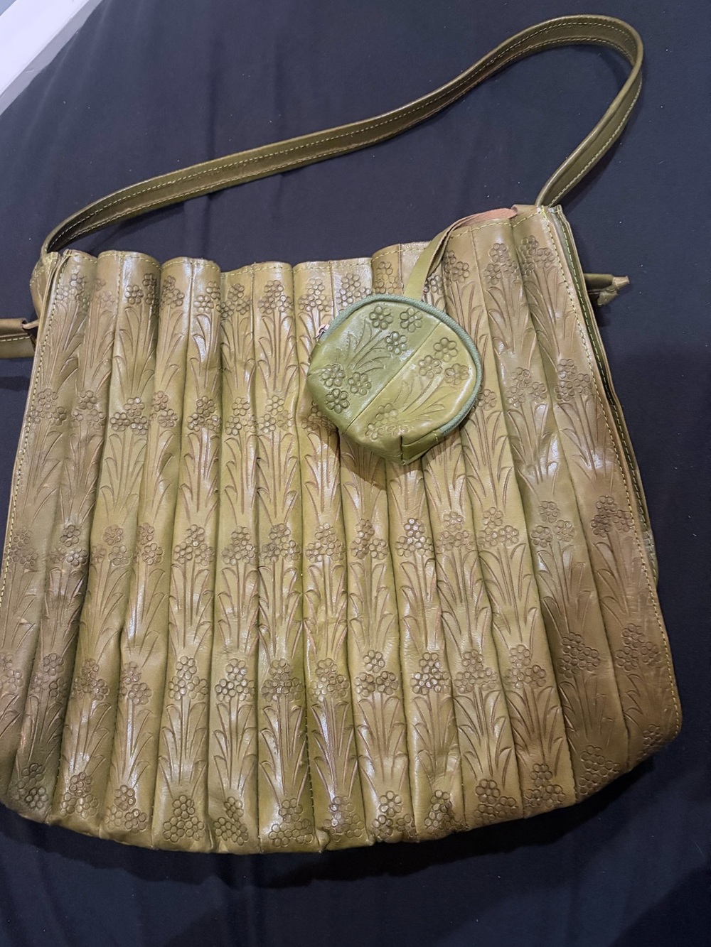 Olive Green Embossed Floral Shoulder Bag with Detachable Coin Pouch